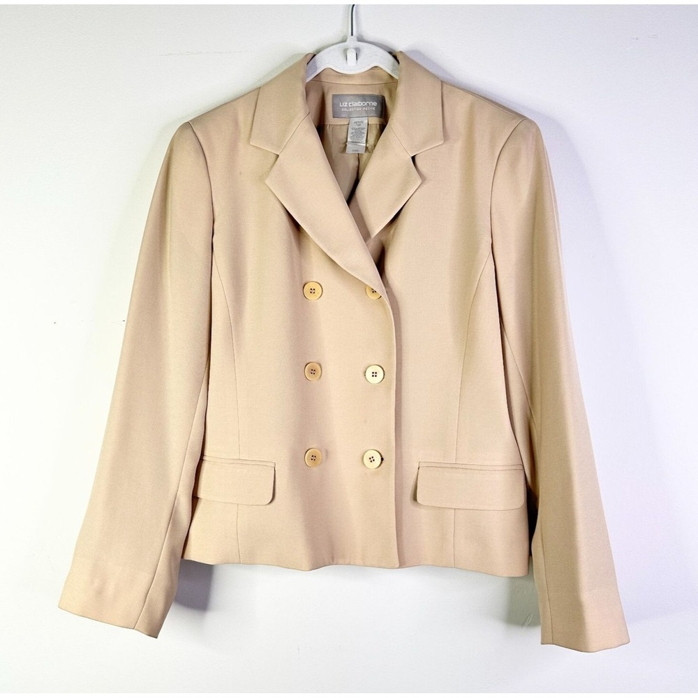 Liz Claiborne Blazer Women 14 Petite Beige Tan Double Breasted Professional